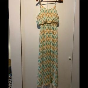 Charming Charlie Maxi Dress. Patterned Teal, Ivory & Tan